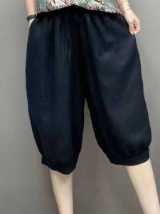 Export Cut Label Ice Silk Linen Cropped Pants Womens Summer Thin Cotton Linen Elastic-Waist Lantern Loose Pants Loose Harem Pants