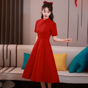Elegant Chinese Style Summer Wedding Dress Womens Slimming Long Skirt Vintage High Waist Polyester Fibre Short Sleeve Stand Collar