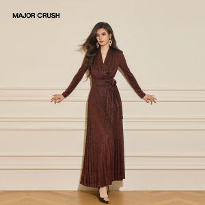 French Luxury Dusk-Colored Detailed Pleated Shimmering Maxi Wrap Dress