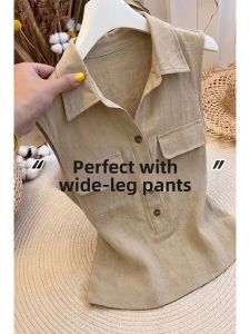 V.C.I | Old Money Style Khaki Linen Polo Neck Sleeveless Top
