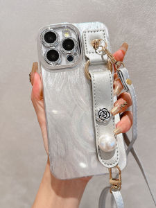 Silver Camellia Pearl Wristband Soft Glue Full Cover Lens Film Crossbody Strap for Apple 17Promax iPhone 16 Gradient 15 pro 14