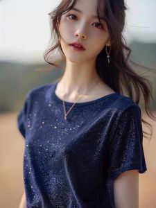 WANGGONGZHU | Princess Style Round Neck Short Sleeve T-Shirt Women Summer New Design Sensation Sequin Thin Versatile Base Top Fashion Casual