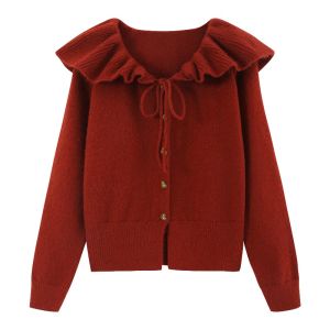 Idle Style Soft Glutinous Sweater Cardigan Female Fall and Winter Christmas Red Outwear Doll Collar Age Reducing Classic Style Knitting Tops