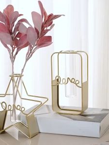 Bình Hoa Sắt Nghệ Thuật Bắc Âu Khung Sắt Vàng Ánh Kim Kèm Ống Thủy Tinh Decor Cắm Hoa