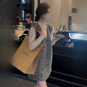 Graceful Sleeveless V-neck Dress Women 2024 New Early Autumn High-Grade Stacked Mid-Length Woolen A- line Skirt