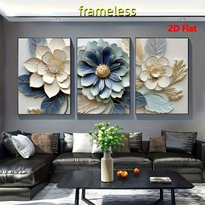 3 abstract three-dimensional blue and white floral art canvas posters modern sofa background wall decoration 2D flat printing f