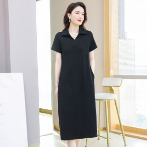 ชุดเดรสแขนสั้นผ้าฝ้ายแท้สำหรับผู้หญิงเดรสยาวคอปกโปโลแบบลำลองทรงหลวมยาวเลยเข่าใส่แล้วดูผอมเพรียวเดรสเสื้อยืดแบบยาวลดอายุ