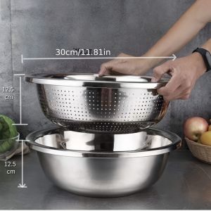 Chậu Rửa Đa Năng Bằng Thép Không Gỉ 11.81 Inch Dung Tích Lớn Dùng Để Vo Gạo Lọc Rau Thoát Nước Dày Dặn Dùng Trong Gia Đình