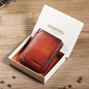 【หนังวัวแท้ / จัดส่งฟรี / กล่องของขวัญสวยงาม】CHANPINCL กระเป๋าสตางค์ ใบสั้น หนังวัวแท้ แบบสามพับ แนวนอน แฟชั่นสําหรับผู้ชาย