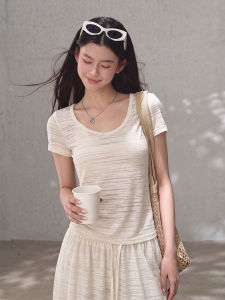 Slender Fit Korean Style White Linen T-Shirt Short Sleeve Top