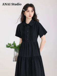 Váy Sơ Mi Đen Cổ Điển Kiểu Pháp ANAI Mùa Hè Cho Nữ Tay Ngắn Thắt Eo Thon Gọn Phong Cách Hepburn Váy Đen Nhỏ