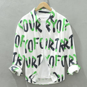 Spring & Fall Mens Purified Cotton Long Sleeve Shirt Letter Print Fresh Trendy Fashion Loose Casual Shirt Coat Mens Clothing