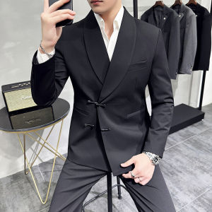 Casual Chinese Style Mens Wedding Suit with Button Decoration Fashionable Urban Standard Fit Polyester Blend Long Sleeve Suit