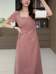 Korean Style Simple Square Collar One Piece Belted Waist Short Sleeve Dress Women Summer New Slim Long Skirt A-Line Dress