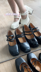 Falimottype)Size 35-42 Womens Fashion School Student High Heels Square Toe JK Mary Jane Shoes French Thick Heel Leather Sandal