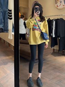 Yellow round Neck Fleece Lined Thickened Womens Sweatshirt Spring Autumn Winter Loose Fit Medium Length Outerwear