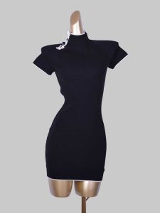 Elegant Slim Fit Short Sleeve Dress with Bow Knot Color Block High Collar Retro Style Design Bodycon Skirt for Women