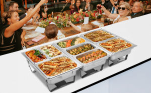 Chaffing Dish with Warmer Stainless Steel Food Warmer Buffet Server Set 9L Electric Food Warmer Buffet Stove Tray with Lid Serving Dish Adjustable Temperature with 3 Pan Food Tray for Party Hotel Banquet