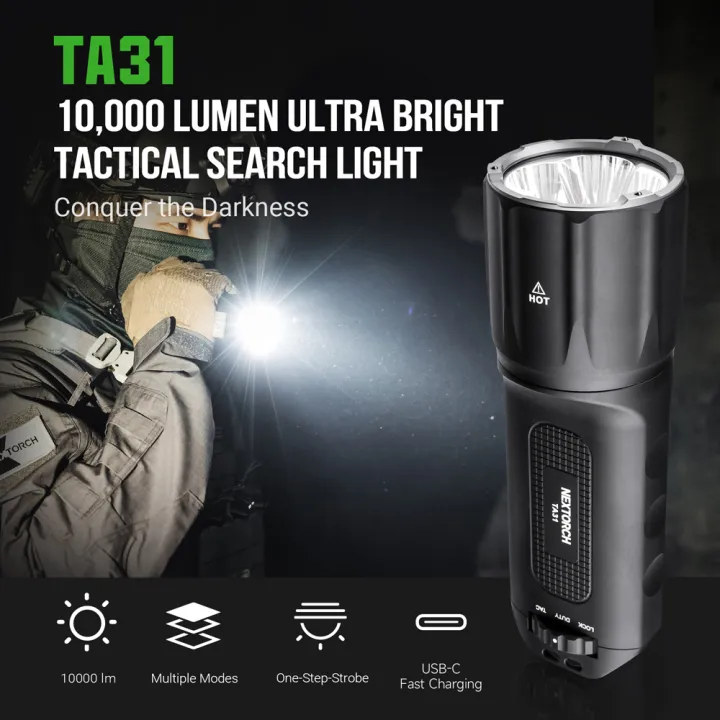 NEXTORCH TA31 - Lampe de poche tactique LED avec 10 000 lumens - Brise-verre nano céramique - Fonction tête stroboscopique