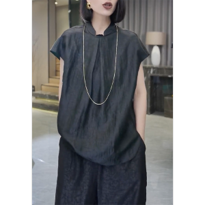 QINGNAER | Chinese Style Black Acetate Short Sleeve T-shirt