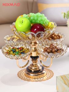 ชามผลไม้แบบหมุนได้หลายชั้นสไตล์ยุโรป ชามแก้วคริสตัลหรูหราสำหรับใช้ในบ้าน ชามขนมแห้งสำหรับโต๊ะทำงานในห้องนั่งเล่น