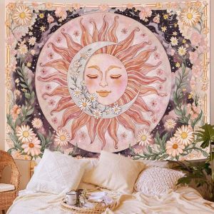 VIKAMA Boho Huyền Bí Mặt Trời Mặt Trăng Hoa Nấm Thảm Treo Tường Phòng Khách Phòng Ngủ Yoga Thiền Trang Trí Phòng Polyester