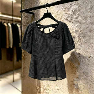 SHUAIYUE | Áo Blouse Nữ Kiểu Nơ Sau Dây Nơ Tay Bồng Họa Tiết Caro Form Rộng Giảm Cân