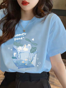 Van Sa Day Summer Womens T-shirt: Cartoon Animation Design Ins Trendy Shoulder-length Polyester Fiber Crewneck Top for Students