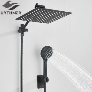 Black High Pressure Rainfall Shower Head/Handheld Shower Combo with Extension Arm 6 Settings Handshower Height/Angle Adjustable
