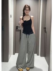 Quần Ống Rộng Kẻ Sọc Cạp Cao Thường Ngày Cho Nữ Dài Rộng Rãi Thoải Mái Không Cần Ủi Quần Dài Mùa Hè 2025