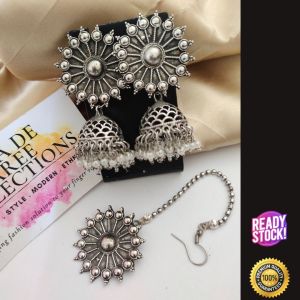 INDIAN WOMEN SILVER JEWELLERY JHUMKA EARRING AND TIKKA SET