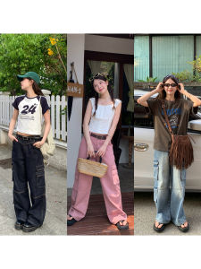 RAINY Casual Loose Wide Leg Denim Workwear Pants for Women Spring Summer High Waist Straight Leg Pocket Detail Stylish