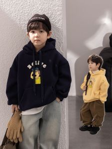 Fleece Lined Hoodie Childrens Winter Clothes Pure Color Baby Cartoon Letter Print Base Layer Trendy Boys Fleece Lined Hoodie
