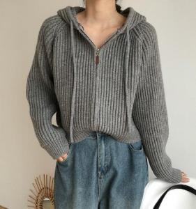 เสื้อคาร์ดิแกนถักหนาหลวมๆ สำหรับผู้หญิงในฤดูใบไม้ร่วง เสื้อคลุมกันหนาวแบบสวมหัว ปกโปโล แขนยาว ปกติ ปกติ