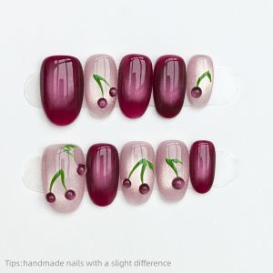 10pcs Handmade Purple Pink 3d Cherry Press on Nails Short oval Full Cover Wearable Reusable Cute False Nails 2026