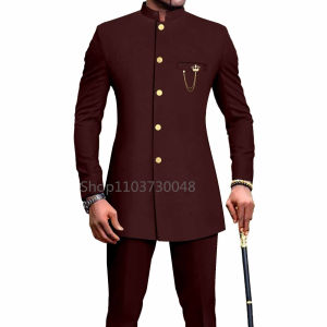 Solid 2 Pieces Men Suits New African Style Mens Formal Business/Wedding Suits Stand Collar Single Breasted Long Blazer Pants