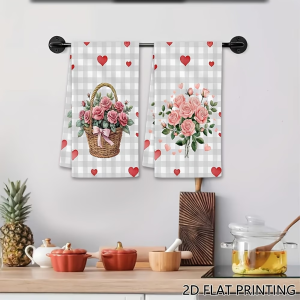 2-Piece Set of Flower Basket Rose Heart Kitchen Towels Dish Towels Hand Towels Holiday Decorative Hand Towels Soft Absorbent Drying Cloth Kitchen Decoration Table Decoration Kitchen Supplies Home Decor