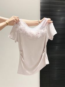 LUOSHAO | Off-Shoulder Lace Floral Embroidery Slim Fit T-shirt