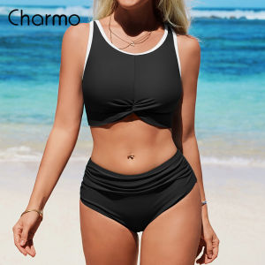 Charmo Womens High Waisted Bikini Sets Tummy Control Ruched Color Block Two Piece Bathing Suits Sporty Shelf Bra Crop Top