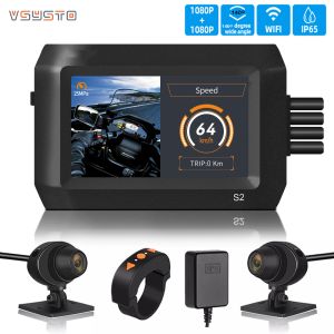 VSYSTO Motorcycle Dash Cam S2F with 3.0 inch waterproof screen dual 1080p front and rear view support GPS tracking parking mode functionsmart riding data display