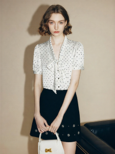 FAMANXUAN | Elegant White Dotted Bow Tie Flutter Sleeves Womens Shirt