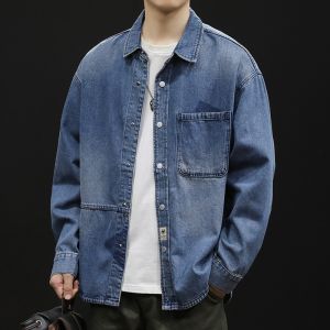 Retro Japanese Style Mens Denim Jacket Loose Fit Long Sleeve Workwear Spring Autumn Casual Shirt Vintage Washed Outwear