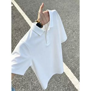 OUMULONG | Blue and White Stripe Hollow Knit Polo Shirt Mens Summer T-Shirt