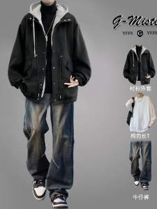 Mens Hooded Woolen Jacket Set Casual Long Sleeve Autumn Winter Fashion Loose Fit High-End Feeling Teenage Boy Clothing Set