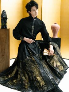 Original Style Hanfu Mens Clothing New Chinese Style Male Model Woven Gold Horse Tail Skirt for Teenagers Casual Summer Wear