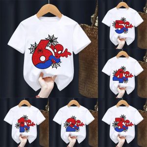 Bandai | Spiderman T-shirts for Children Cartoon Birthday Number Printed T-shirt Cute Boys Girls Short Sleeves Tops Summer Kids Clothing
