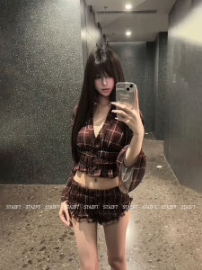 Stazf7 Summer Vintage Plaid Short Pants Set for plus Size Women with V-Neck Spicy Girl High Waist Slim Fit Fashion Outfit