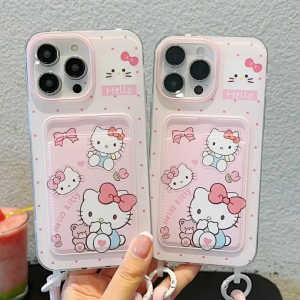 Cartoon Cat Card Case Phone Case for iPhone 11 12 13 14 15 16 17 Pro Max Plus Hanging rope TPU anti fall protective cover for iPhone13 case casing