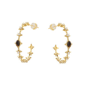 925 Sterling Silver Tiger Eye Stone Diamond Embedded Four-Pointed Star Women's Hoops Earrings Luxury Vintage Oversize Ear Jewelry