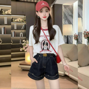 Shalldoer | Áo thun nữ tay ngắn in hình chó màu xám mùa hè thiết kế mới tay thường chất liệu cotton phong cách thường ngày cổ tròn